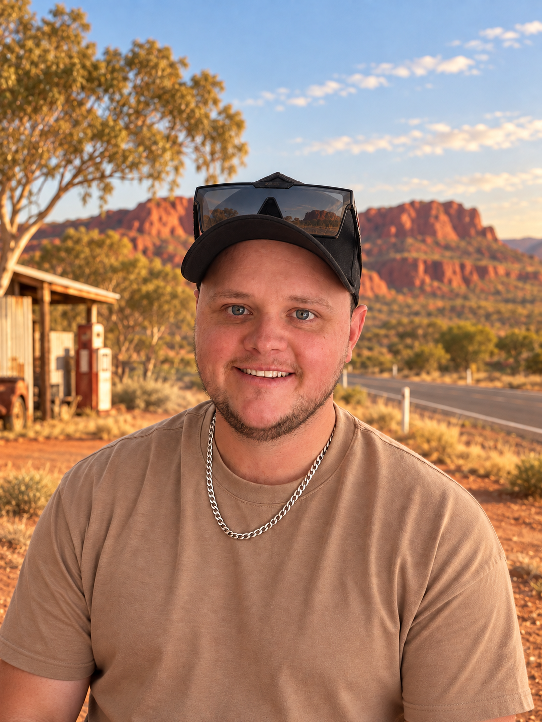 Brayden from Team McQueen wearing a silver chain in an outback roadside setting