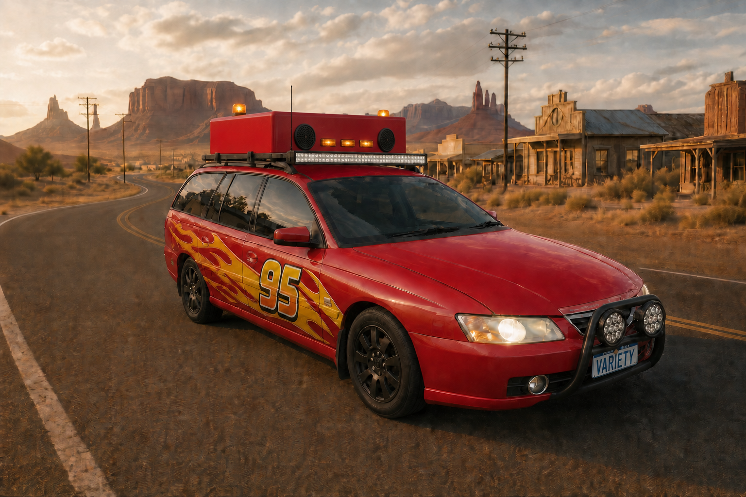 Built red number 95 VY Commodore Bash wagon with illuminated touring roof box on a desert highway
