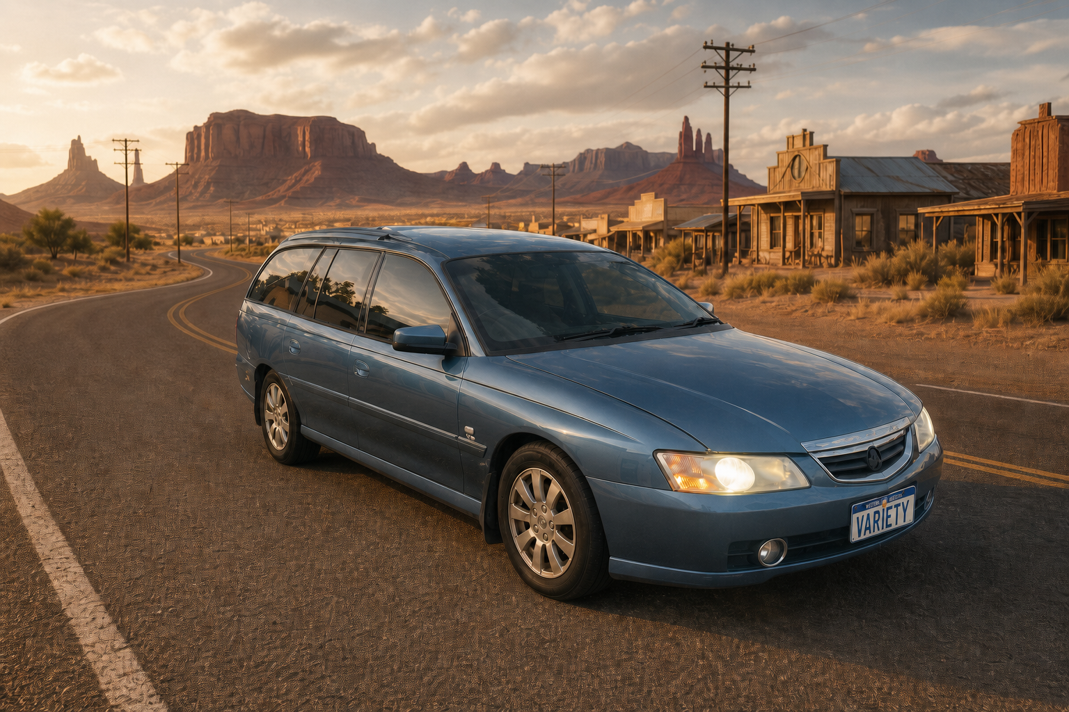 Standard blue VY Commodore wagon on the same desert highway